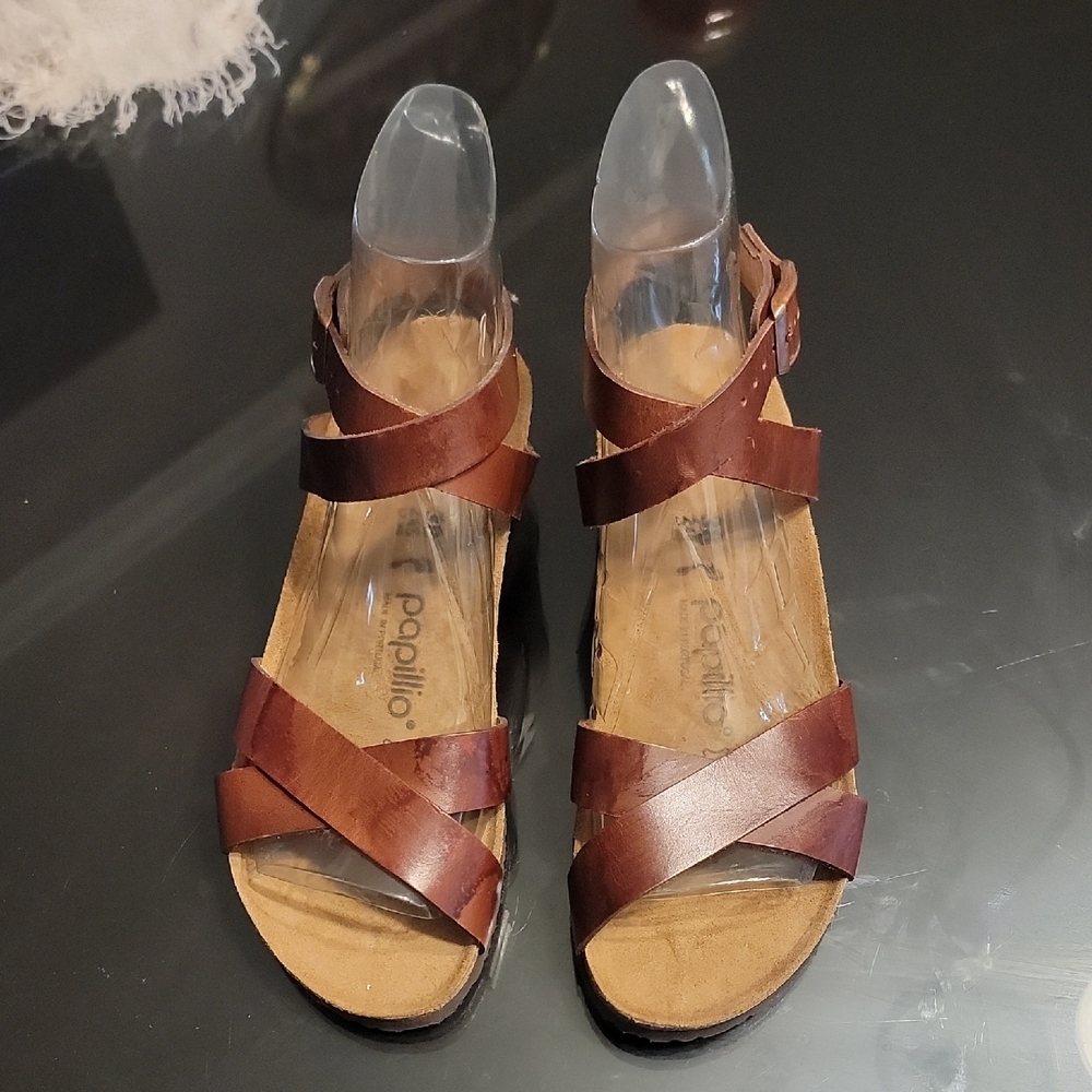 Papillio Brown Crisscross Leather Wedge Sandals